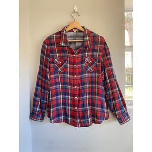 Reba Western Red Plaid Pearl Snap Muslin Gauze Cotton Button Down Shirt X-Large
